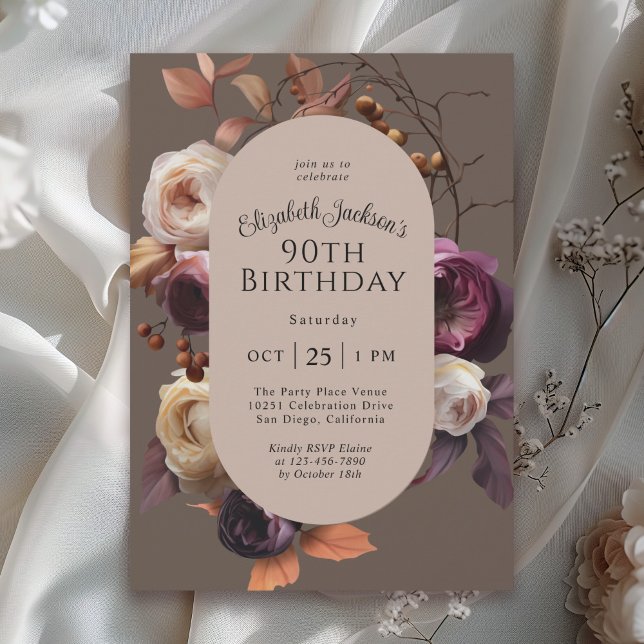 Rustic Elegant Fall Floral 90th Birthday Party Invitation (Available in both printed and instant download digital formats.)