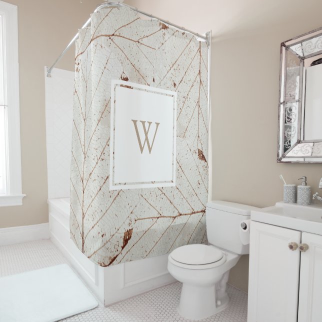 Rustic Elegant Fall Leaves Taupe Monogram Shower Curtain (In Situ)