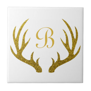 Rustic Elegant Faux Gold Glitter Deer Antlers Ceramic Tile