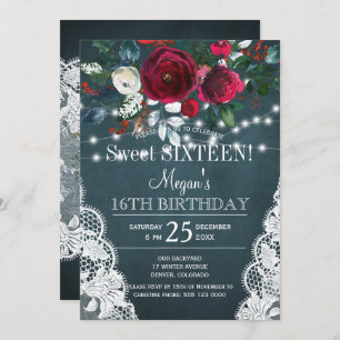 Rustic elegant floral burgundy sweet sixteen invitation