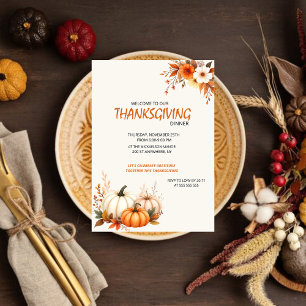 Rustic Elegant Floral Thanksgiving Dinner Invitation