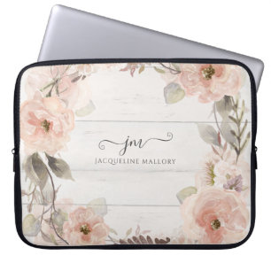 Rustic Elegant Floral Watercolor Foliage Monogram Laptop Sleeve