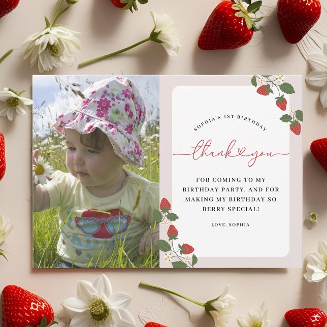 Rustic Elegant Girl's Berry First Birthday Photo Thank You Card (Creator Uploaded)
