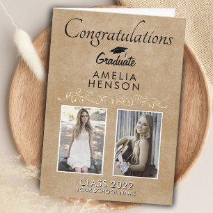 Rustic Elegant Gold Ornament 2 Photo Graduation Card