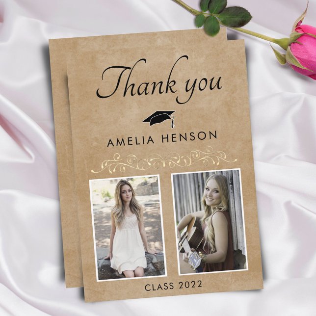 Rustic Elegant Gold Ornament 2 Photo Graduation  Thank You Card (Creator Uploaded)