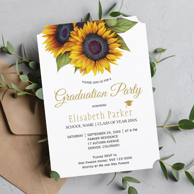 Rustic elegant gold sunflowers summer graduation invitation (Creator Uploaded)