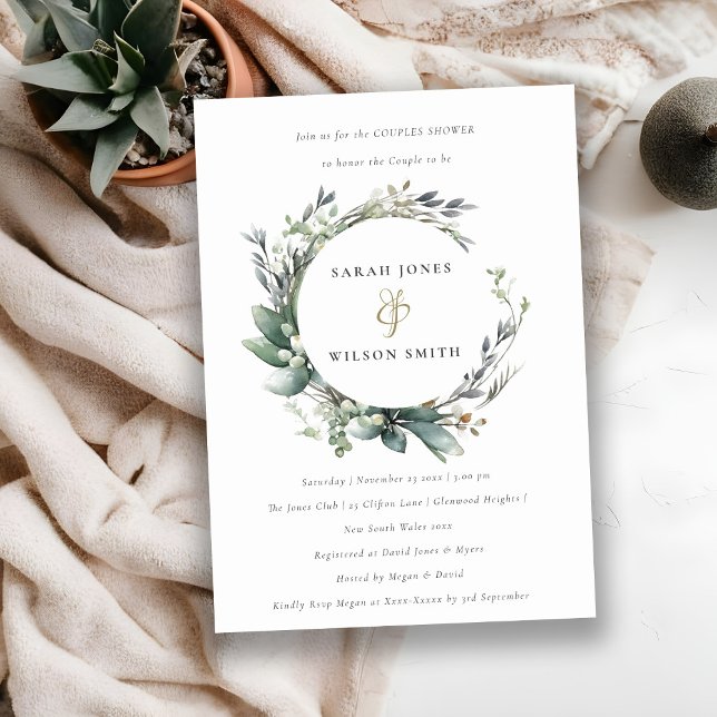 Rustic Elegant Green Foliage Wreath Couples Shower Invitation (Creator Uploaded)