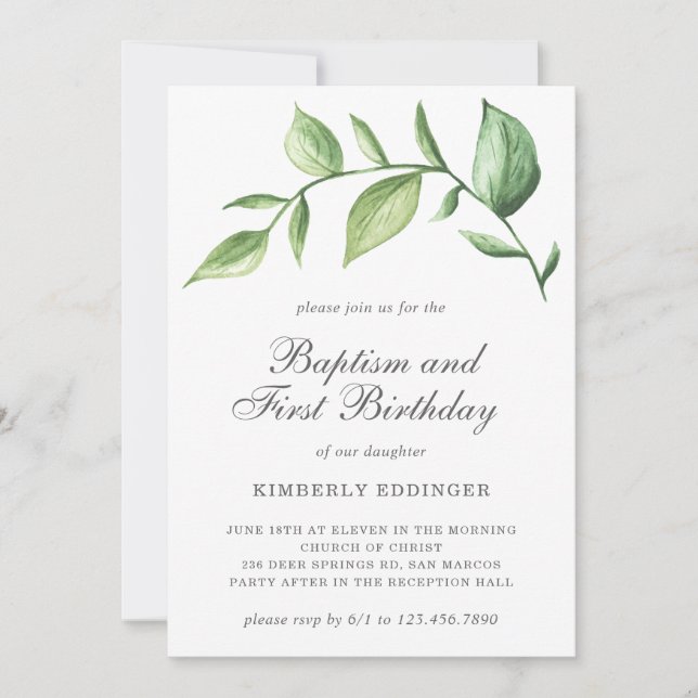 Rustic Elegant Greenery Baptism First Birthday Invitation (Front)