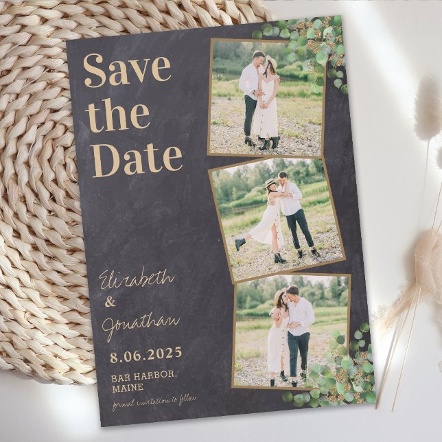 Rustic Elegant Greenery Custom 3 Photo Collage Save The Date (Creator Uploaded)