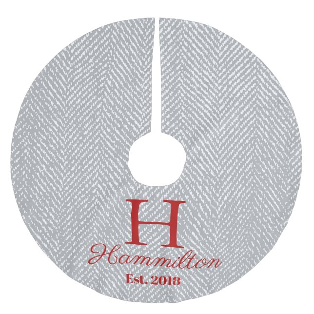 Rustic Elegant Grey Herringbone Personalised Brushed Polyester Tree Skirt (Front)
