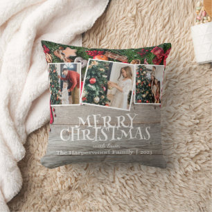 Rustic Elegant Joy Christmas Family Photo Collage Cushion