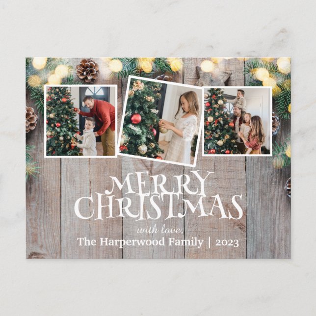 Rustic Elegant Joy Christmas Family Photo Collage Holiday Postcard (Front)