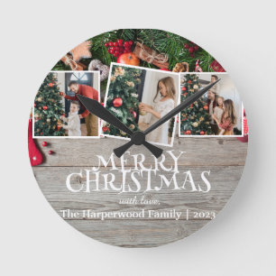 Rustic Elegant Joy Christmas Family Photo Collage Round Clock