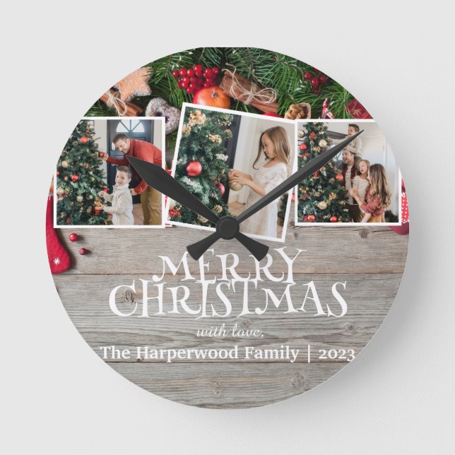 Rustic Elegant Joy Christmas Family Photo Collage Round Clock (Front)