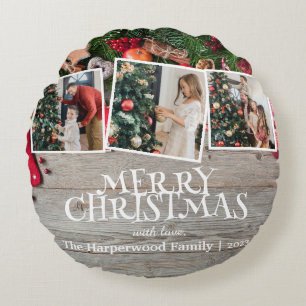 Rustic Elegant Joy Christmas Family Photo Collage Round Cushion