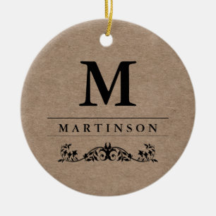 Rustic Elegant Kraft Paper Monogram with Flourish Ceramic Ornament