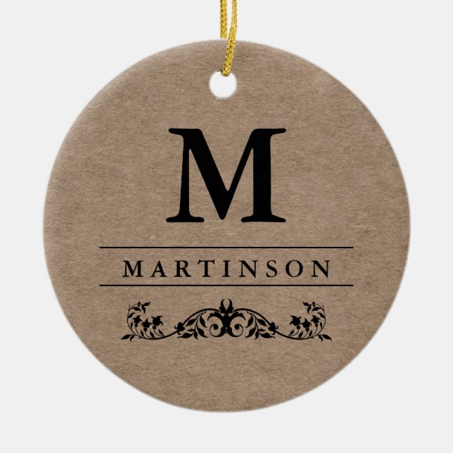 Rustic Elegant Kraft Paper Monogram with Flourish Ceramic Ornament (Front)
