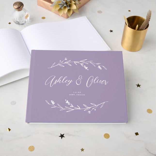 Rustic Elegant Lavender Purple Wildflowers Wedding Guest Book (Front Open)