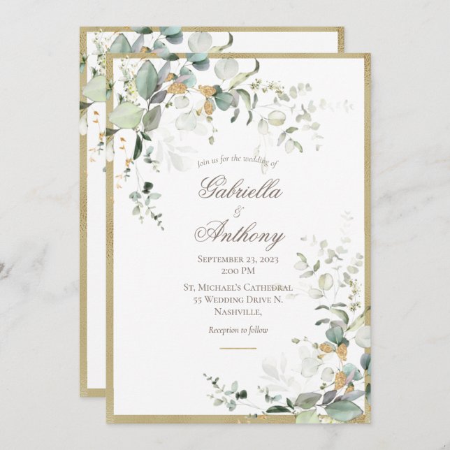 Rustic Elegant Leaves Greenery Gold Wedding  Invitation (Front/Back)