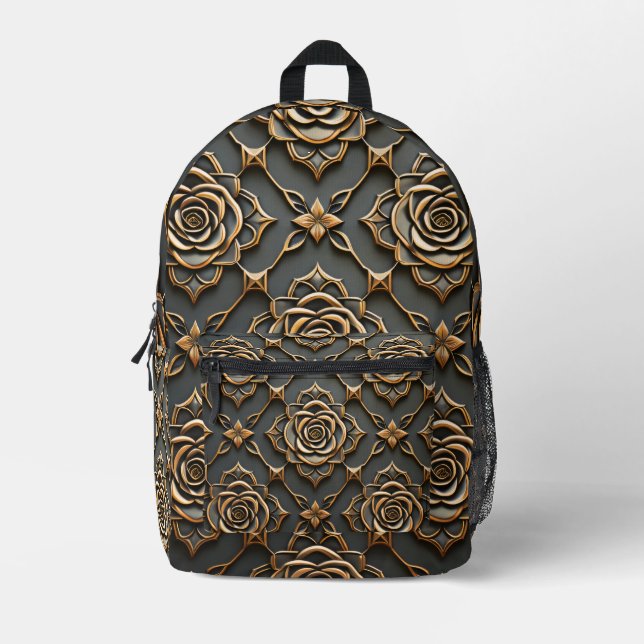 Rustic Elegant Metallic Rose Printed Backpack (Front)