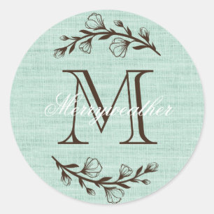 Rustic Elegant Monogram Floral Teal Brown Burlap Classic Round Sticker