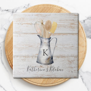 Rustic Elegant Monogram Kitchen Utensils Ceramic Tile