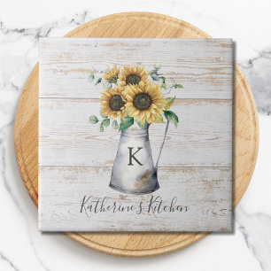 Rustic Elegant Monogram Sunflower Eucalyptus Ceramic Tile