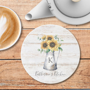 Rustic Elegant Monogram Sunflower Eucalyptus Coaster
