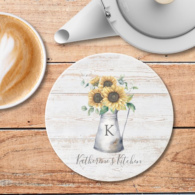 Rustic Elegant Monogram Sunflower Eucalyptus Coaster (In situ)
