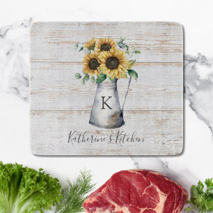 Rustic Elegant Monogram Sunflower Eucalyptus Cutting Board