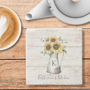 Rustic Elegant Monogram Sunflower Eucalyptus Stone Coaster