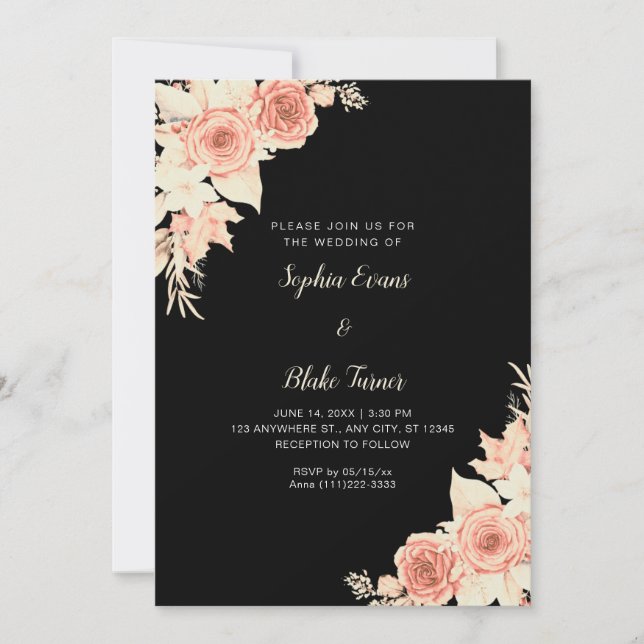 Rustic Elegant Orange Roses Fall Black Wedding Invitation (Front)