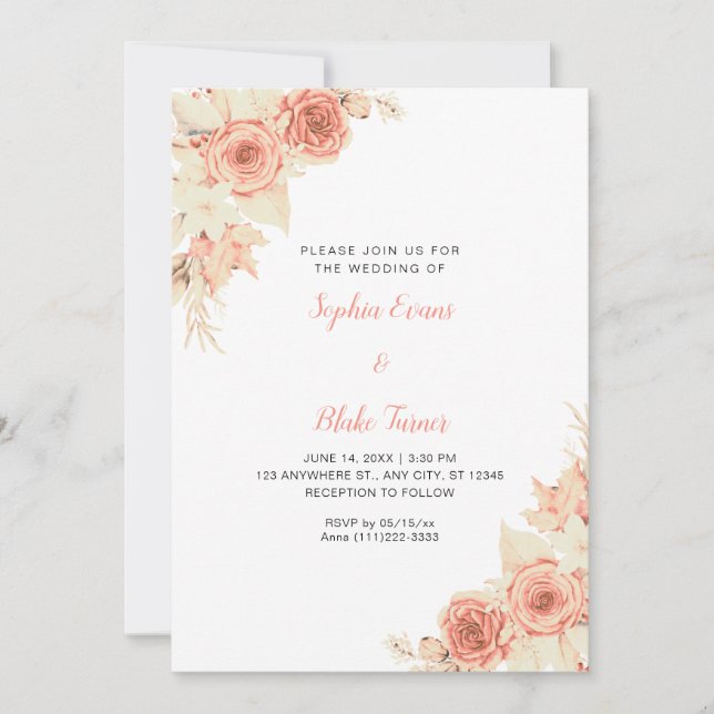 Rustic Elegant Orange Roses Fall White Wedding Invitation (Front)