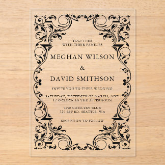 Rustic Elegant Ornamental Black Gold Wedding  Acrylic Invitations