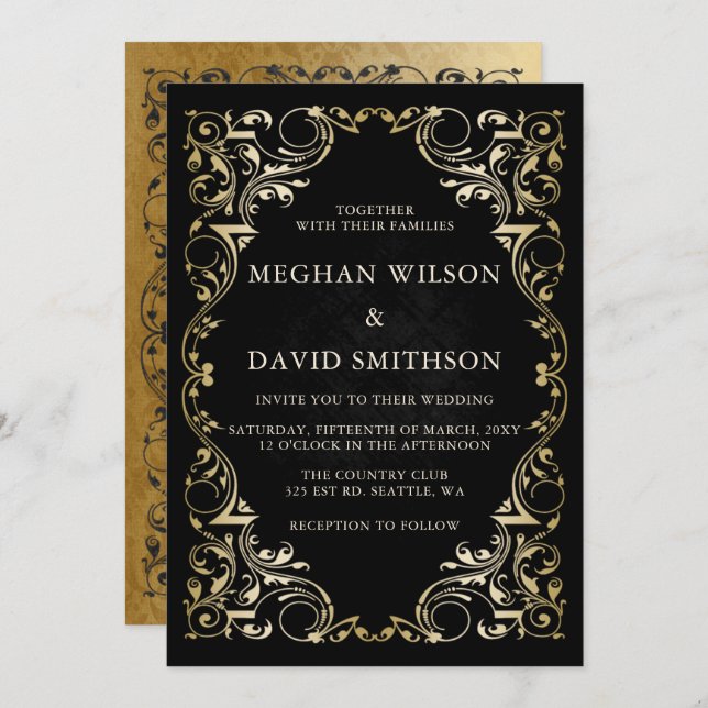Rustic Elegant Ornamental Black Gold Wedding  Invitation (Front/Back)