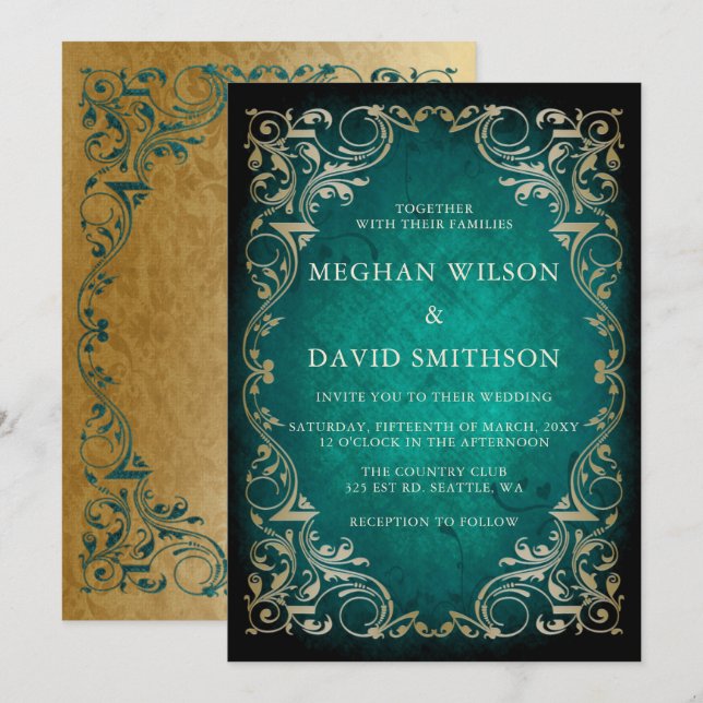 Rustic Elegant Ornamental Green Gold Wedding  Invitation (Front/Back)