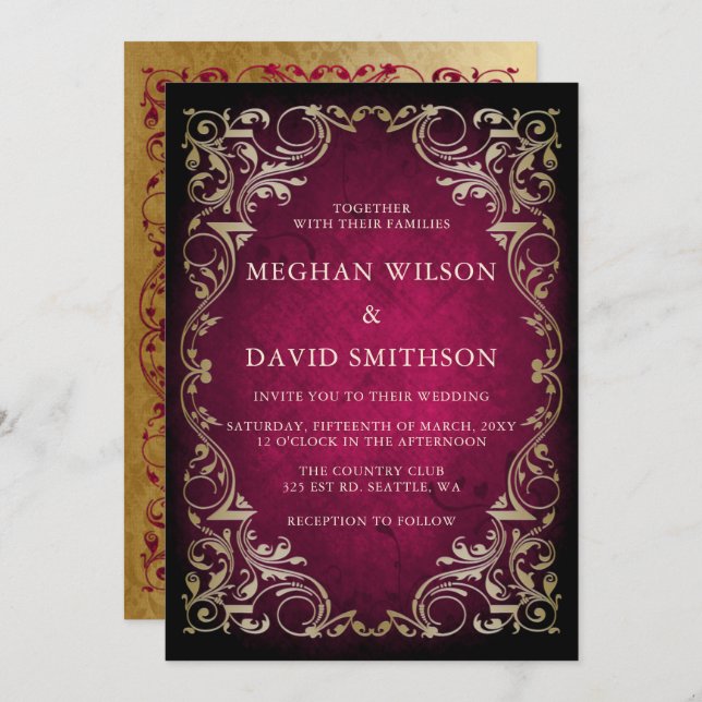 Rustic Elegant Ornamental Pink Gold Wedding    Invitation (Front/Back)