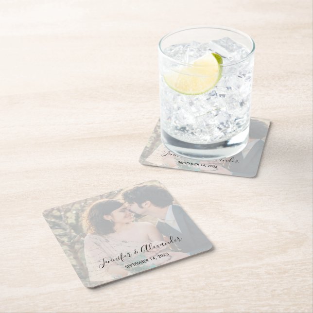 Rustic elegant photo boho wedding square paper coaster (Insitu)