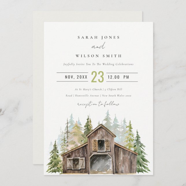 Rustic Elegant Pine Forest Barnyard Wedding Invite (Front/Back)