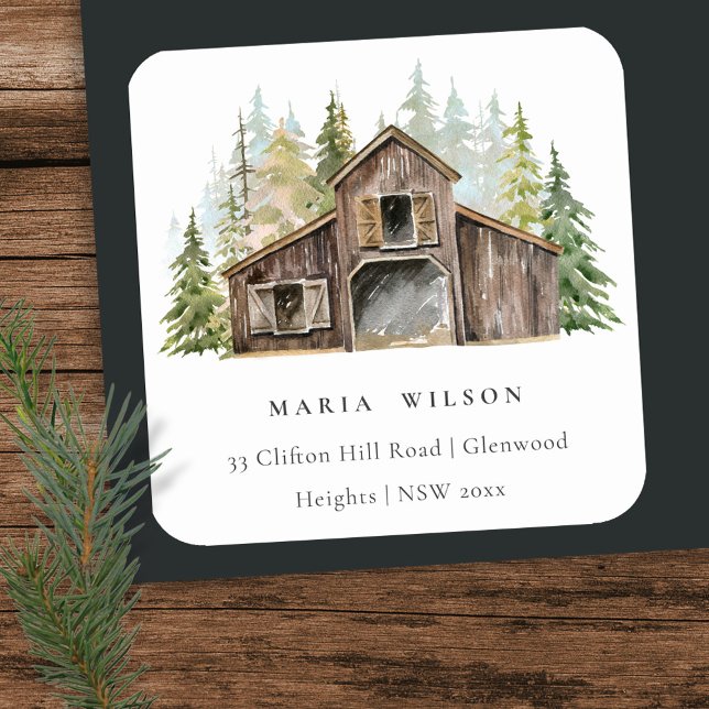 Rustic Elegant Pine Woods Forest Barnyard Address Square Sticker (Creator Uploaded)