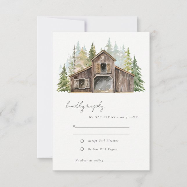 Rustic Elegant Pine Woods Forest Barnyard Wedding RSVP Card (Front)