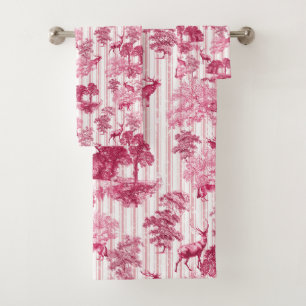 Rustic Elegant Pink French Toile Deer Stripes Bath Towel Set