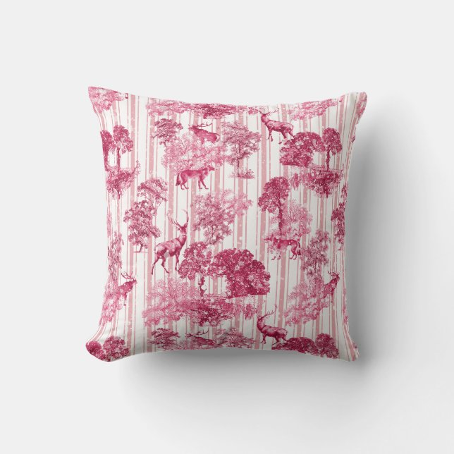 Rustic Elegant Pink French Toile Deer Stripes  Cushion (Front)