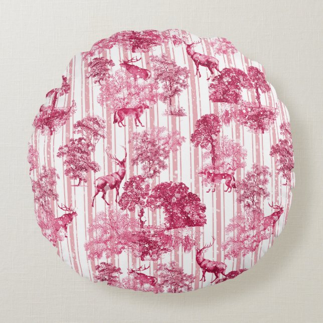 Rustic Elegant Pink French Toile Deer Stripes Round Cushion (Front)