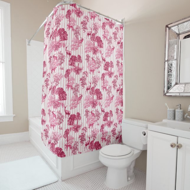 Rustic Elegant Pink French Toile Deer Stripes Shower Curtain (In Situ)