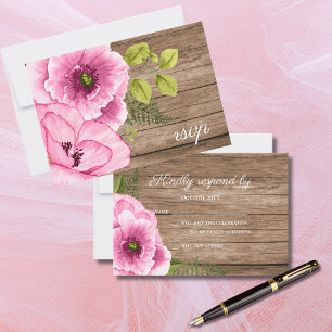 Rustic Elegant Pink Green Watercolor Poppies RSVP Card