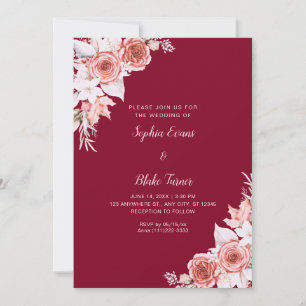 Rustic Elegant Pink Roses Fall Burgundy Wedding Invitation