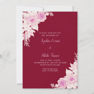 Rustic Elegant Pink Roses Fall Burgundy Wedding Invitation