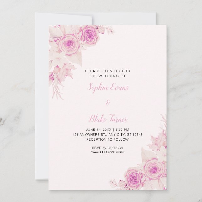 Rustic Elegant Pink Roses Fall Light Pink Wedding Invitation (Front)