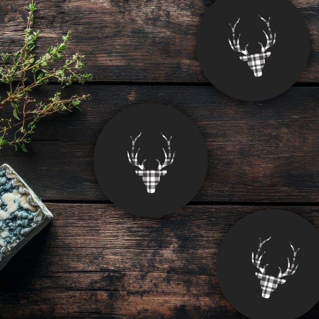 Rustic Elegant Plaid Deer Christmas  Round Paper Coaster (rustic elegant christmas coaster. black plaid deer design)